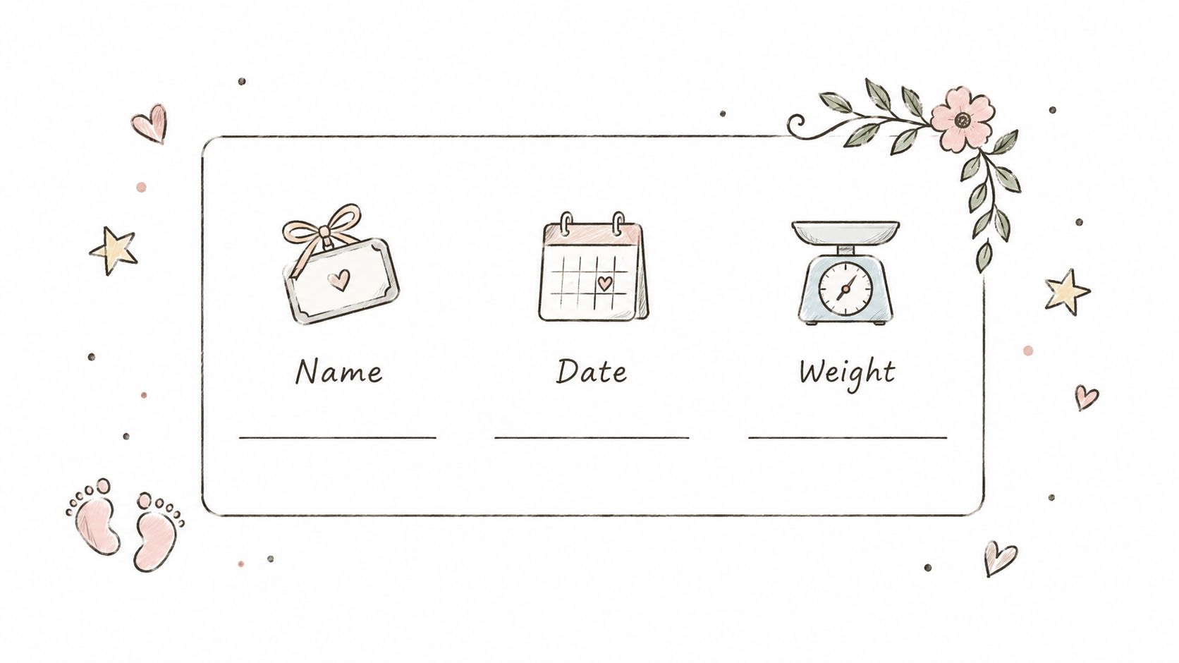 A gentle, illustrated baby announcement card template featuring a tag, calendar, and scale with space for details.