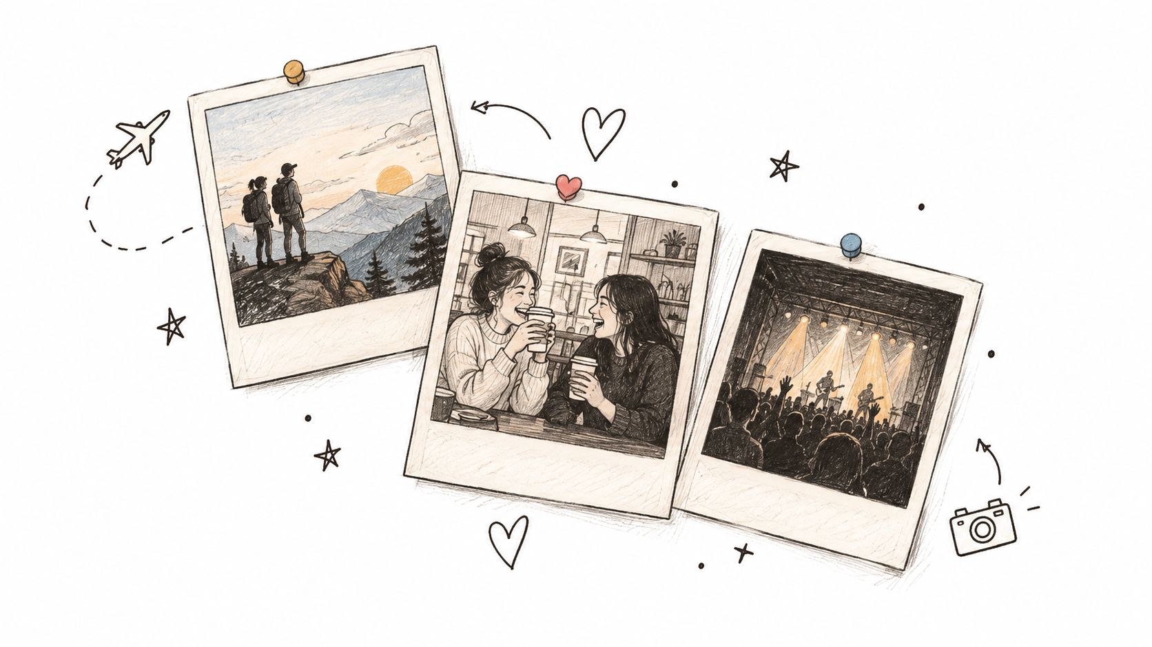 A hand-drawn illustration of three polaroid photos depicting hiking, coffee dates, and concerts for best friends.