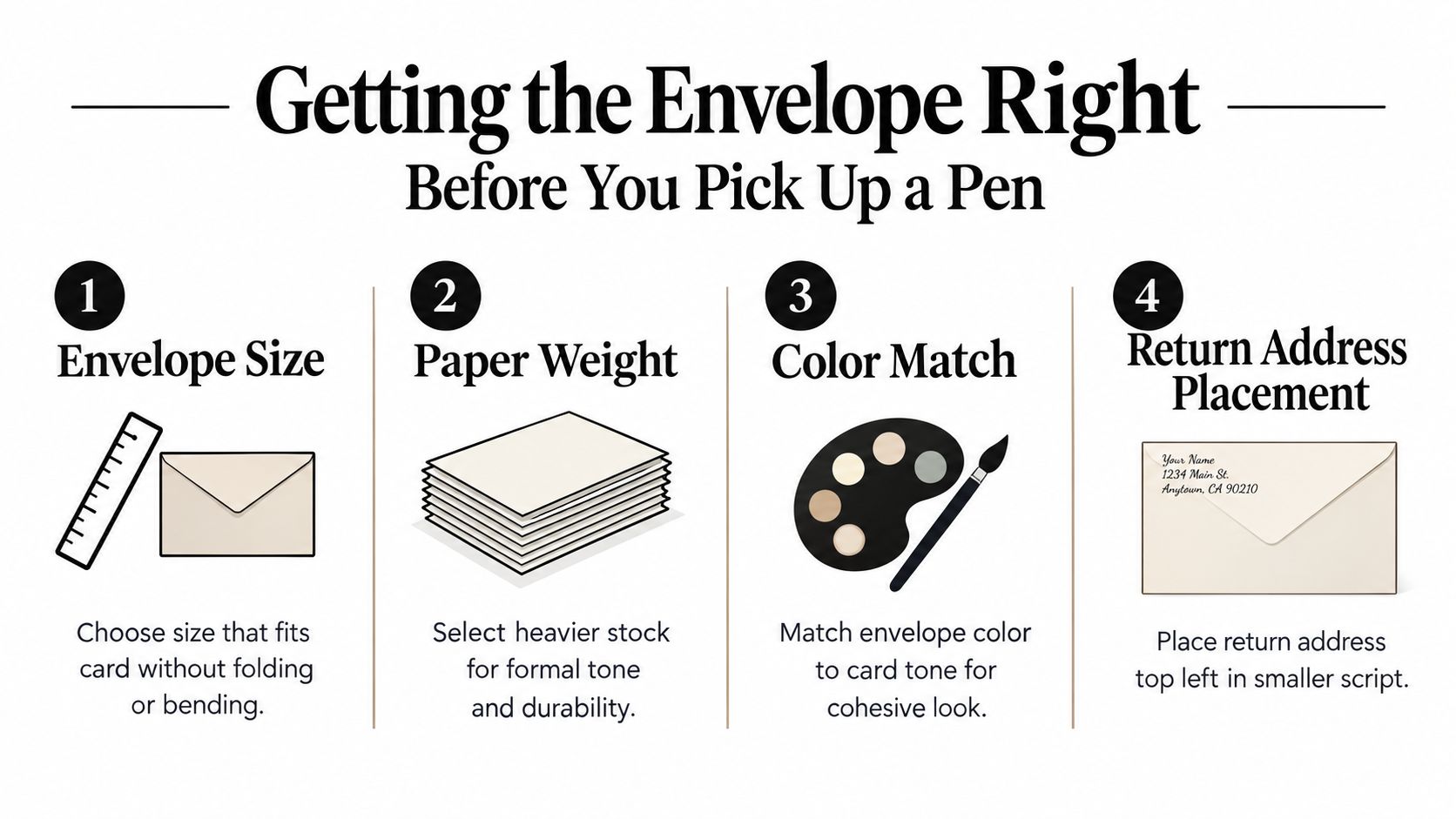 A guide listing four tips for choosing the right envelope for a greeting card.