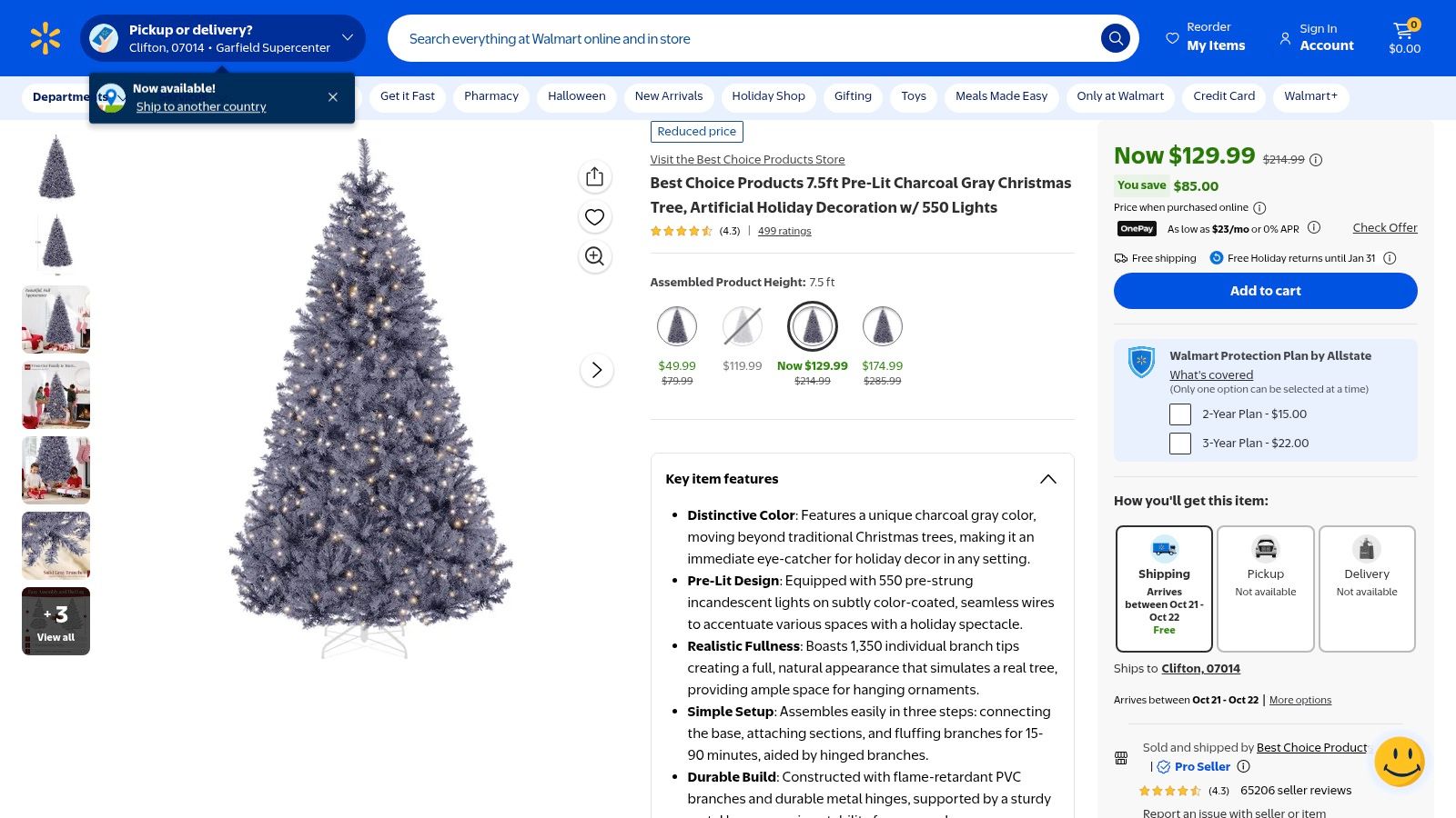 Best Choice Products 4.5 ft Pre‑Lit Charcoal Gray Christmas Tree