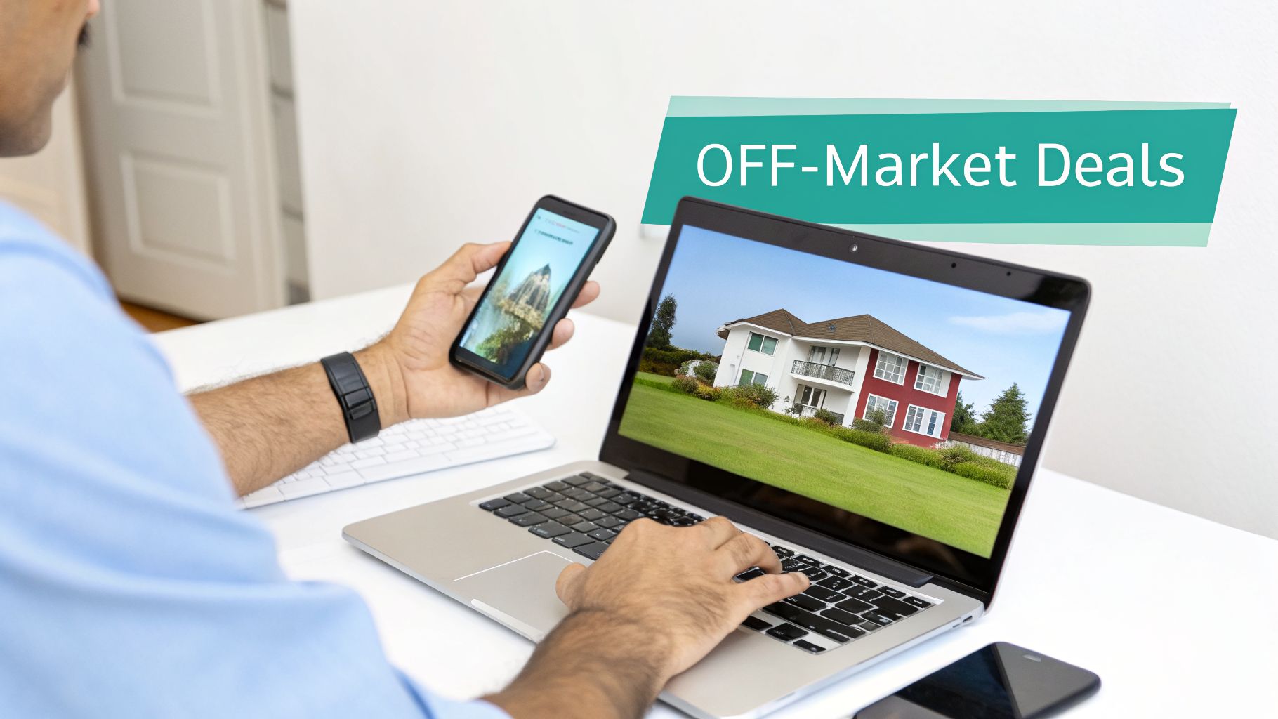 A man views off-market property deals on a laptop, holding a smartphone showing a house.