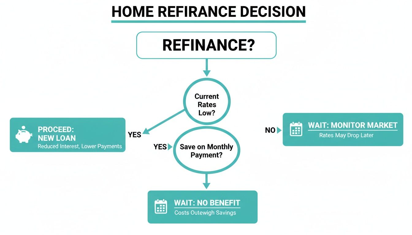 Flowchart illustrating the home refinance decision process, evaluating current rates and potential monthly payment savings.