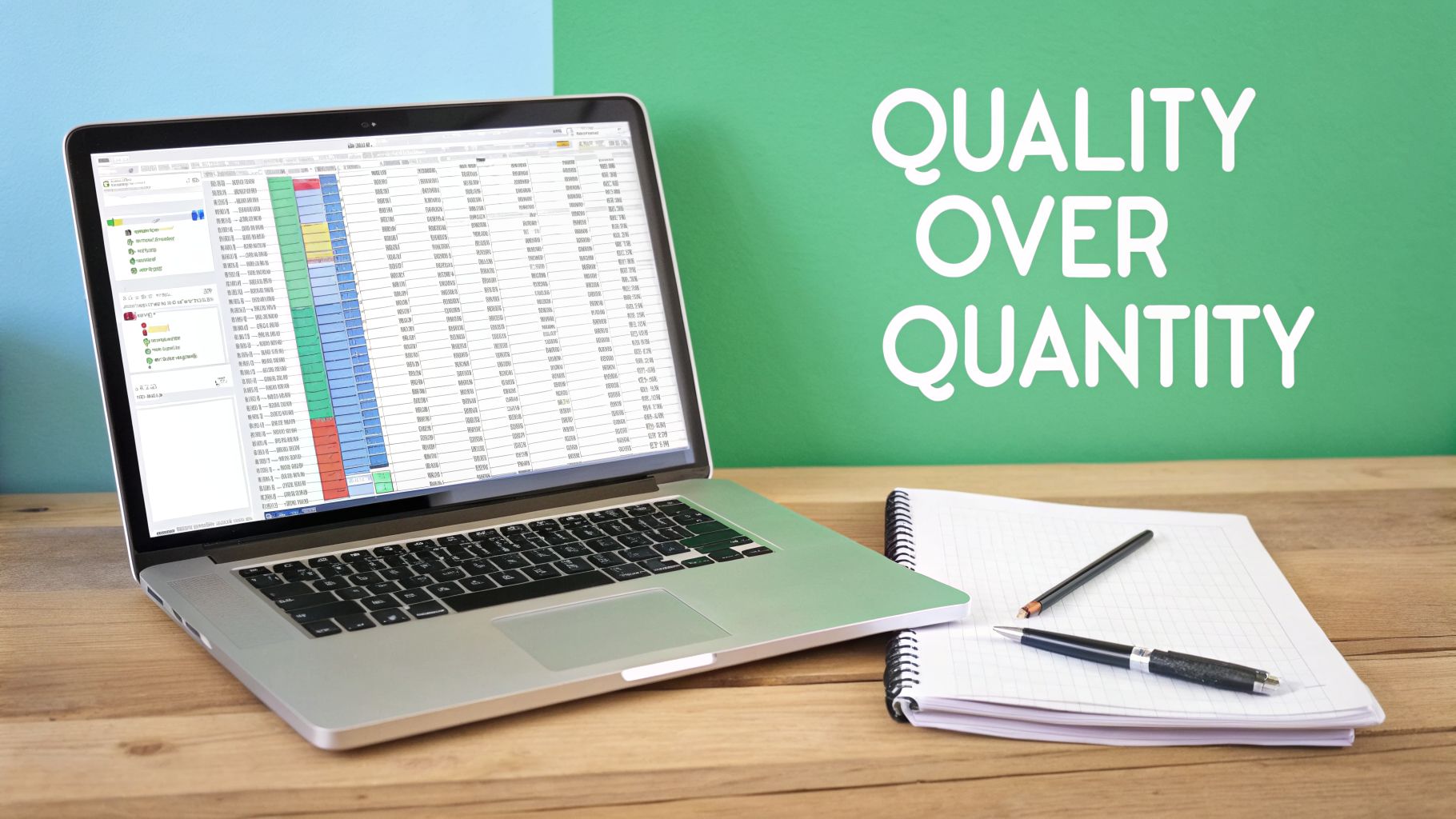 A laptop showing a spreadsheet, a notebook, pen, and pencil on a wooden desk with a 'QUALITY OVER QUANTITY' message.