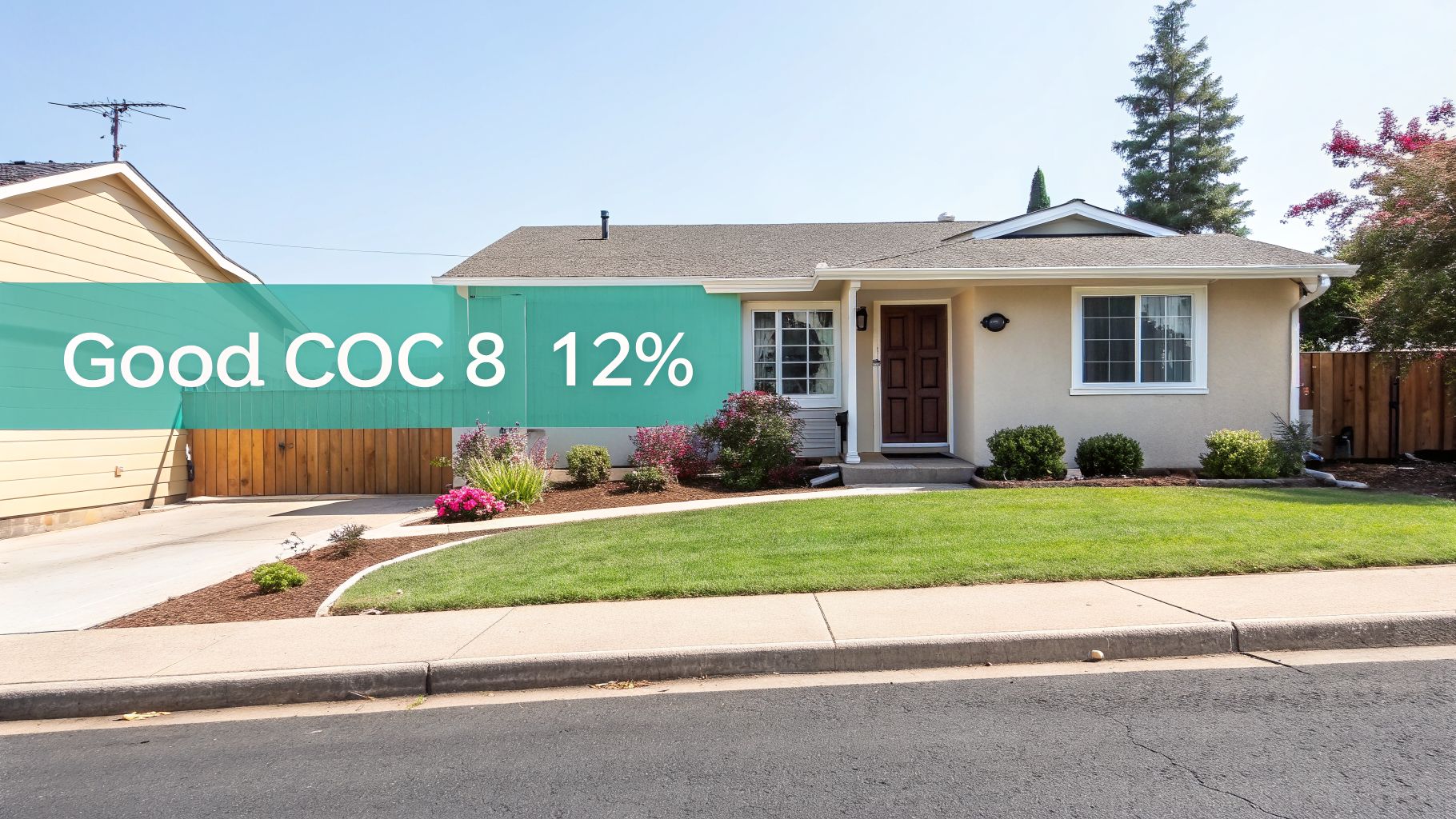 A residential house with a green lawn, driveway, and an overlay displaying 'Good COC 8 12%'.
