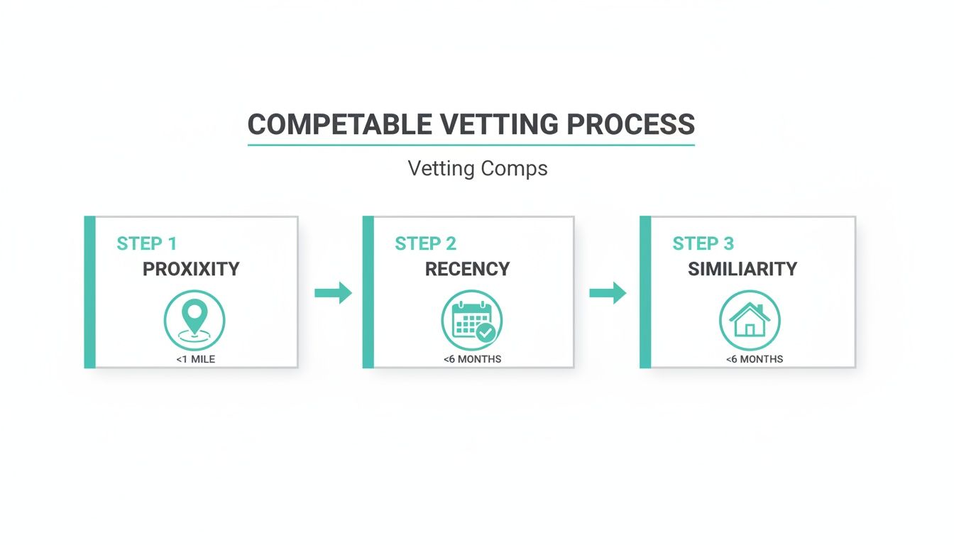 Competable vetting process diagram with steps for proximity (<1 mile), recency (<6 months), and similarity (<6 months).