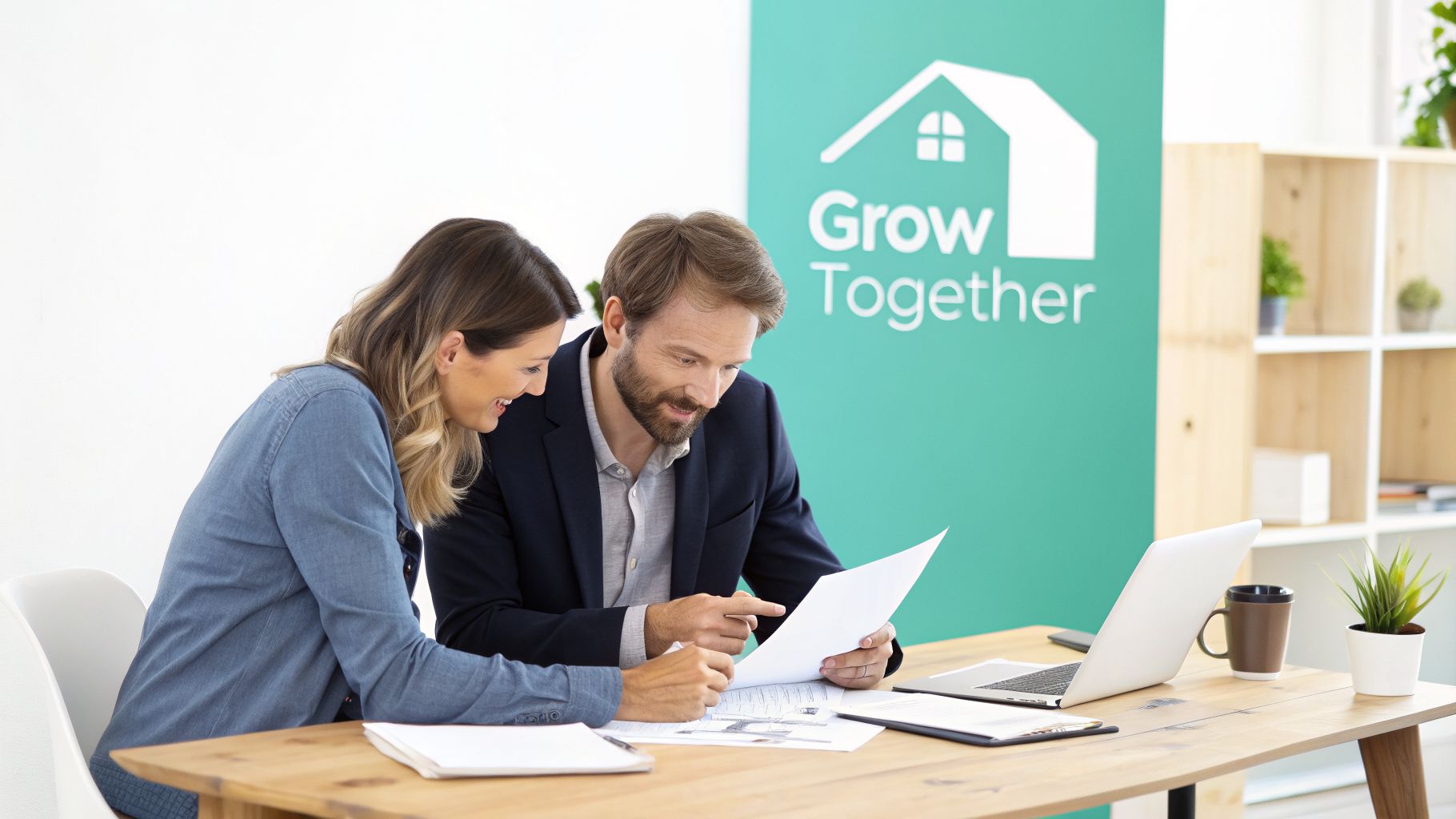 Two smiling business people discuss documents at a desk with a 'Grow Together' banner.