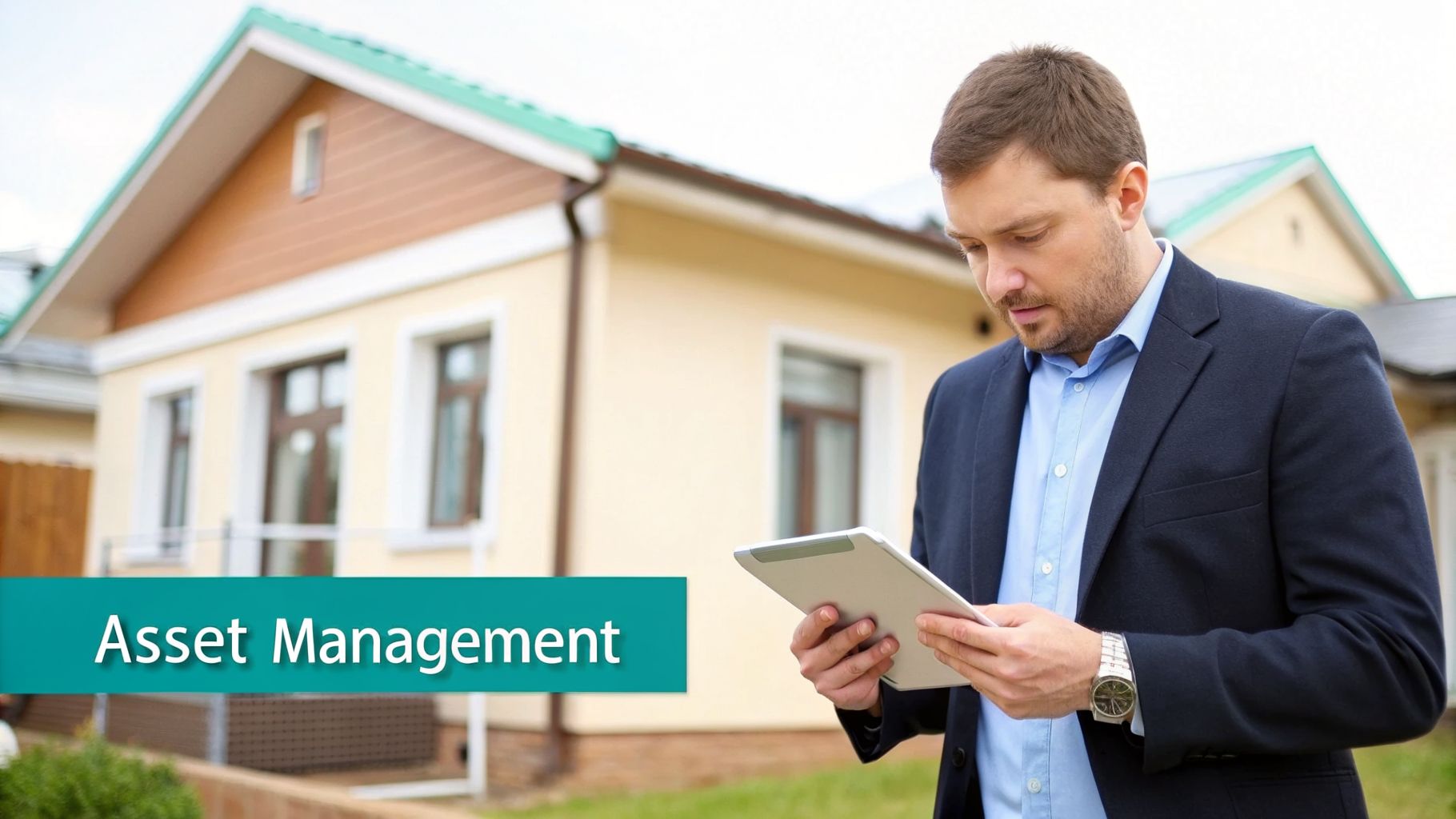 Man in a suit holding a tablet in front of a house, with 'Asset Management' text.