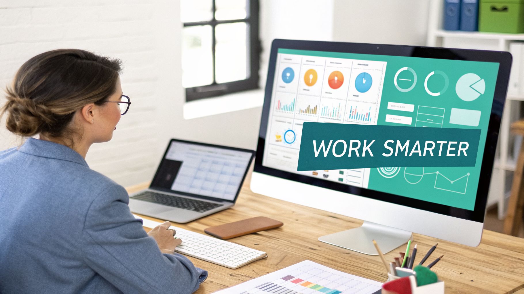 A woman works on a computer displaying a dashboard with 'Work Smarter' message.