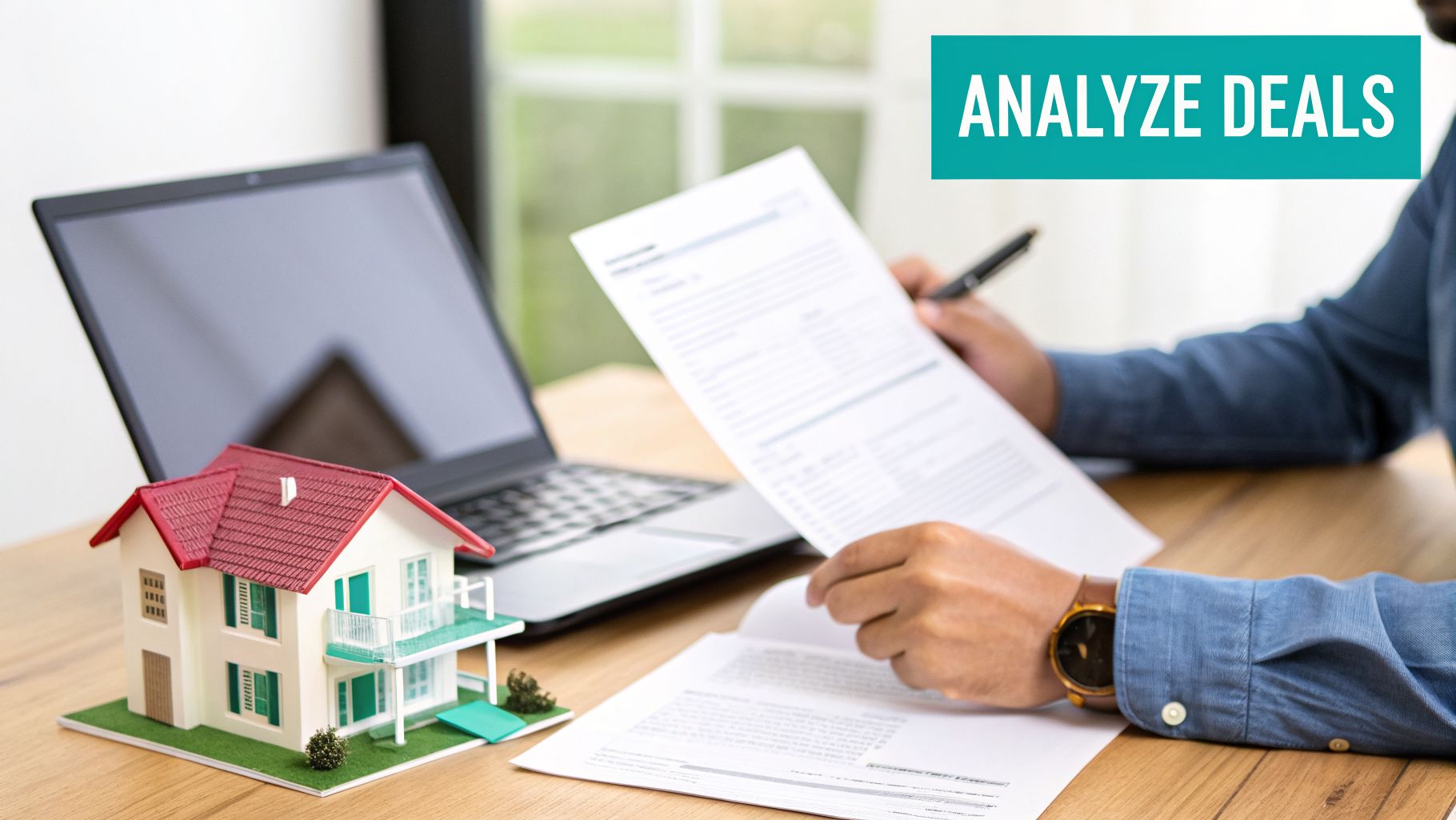 A person reviewing property documents with a laptop and a model house on a desk, analyzing deals.