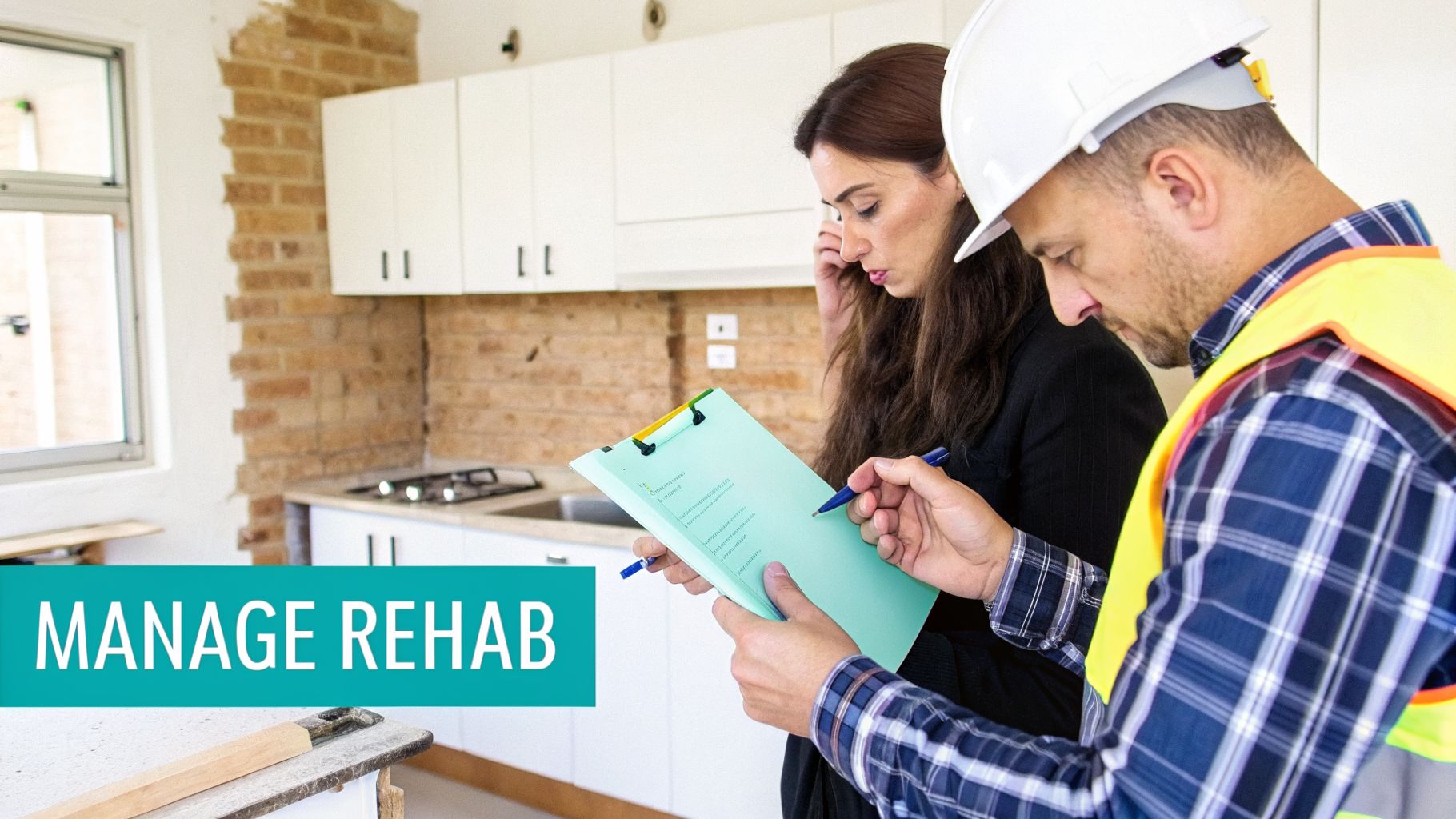 Contractor and client reviewing renovation plans on a clipboard in a kitchen under construction.