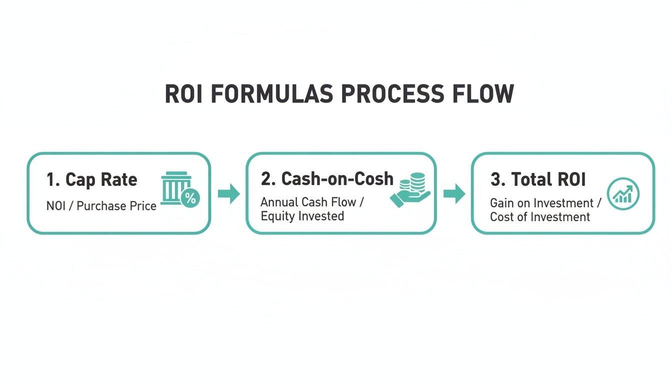 A flow chart illustrates ROI formulas process: Cap Rate, Cash-on-Cash, and Total ROI calculation.