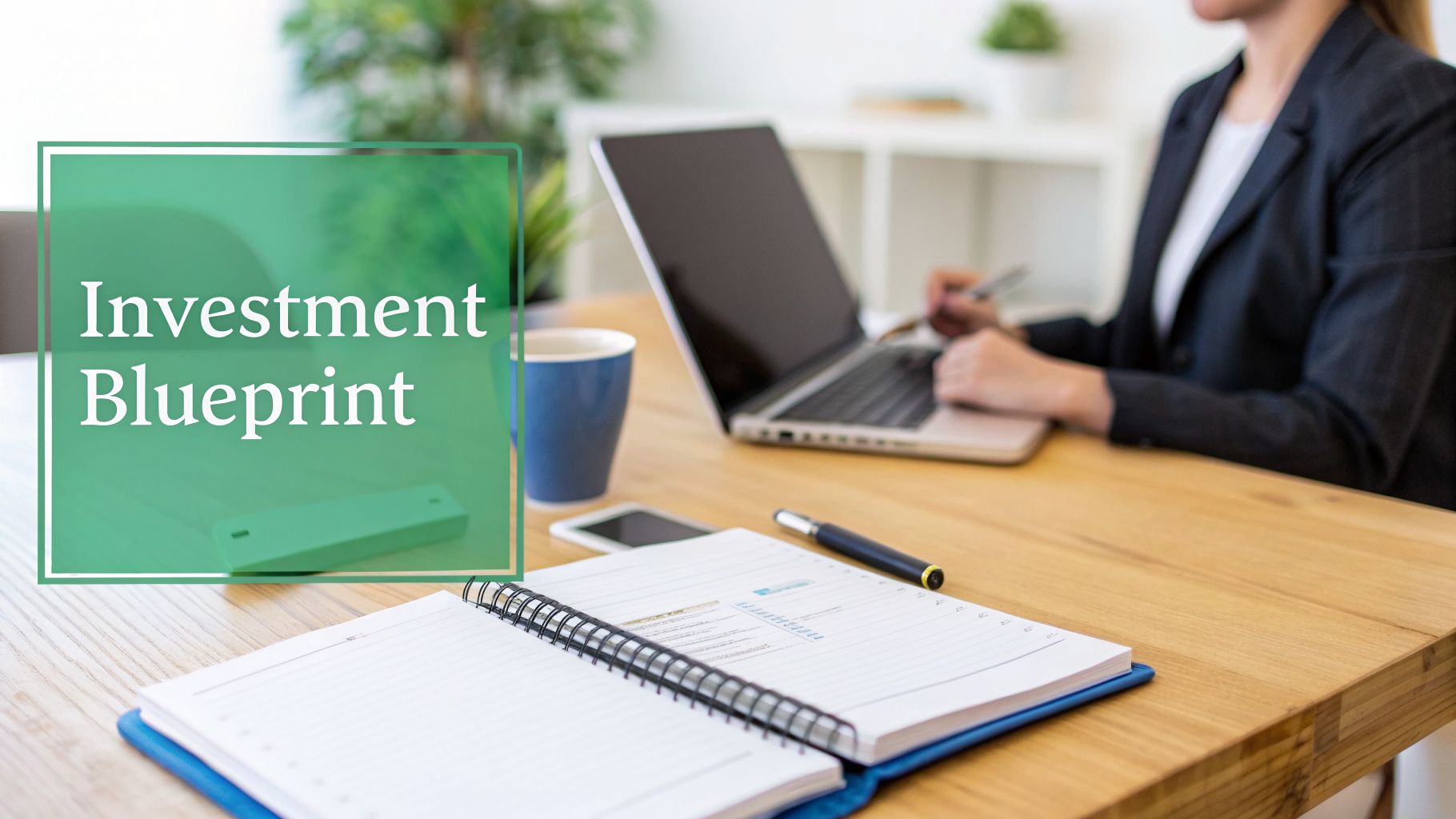 A person works on a laptop at a desk with an "Investment Blueprint" overlay, showing planning.