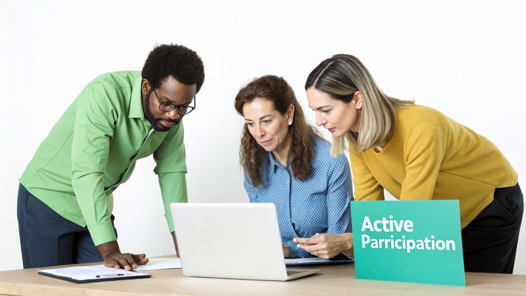 Three diverse professionals, two women and a man, collaborate on a laptop and documents, with an 'Active Parrticipation' sign on the desk.