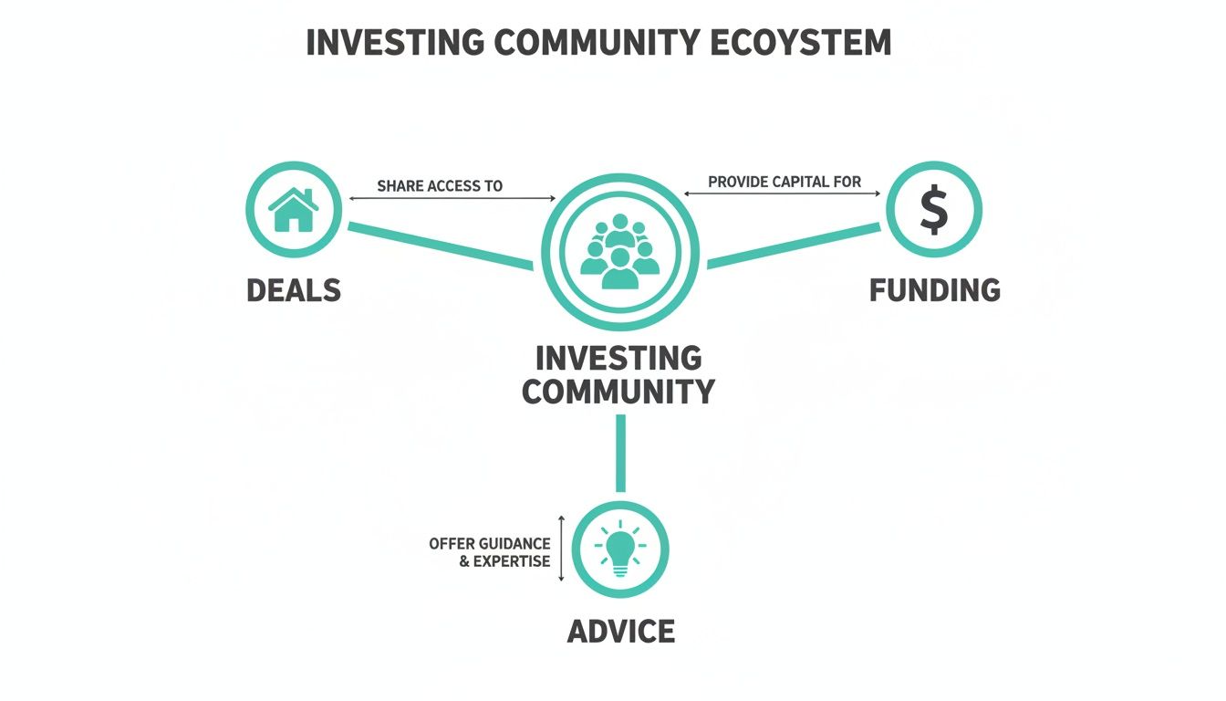 Diagram illustrating an investing community ecosystem, connecting deals, funding, and advice.