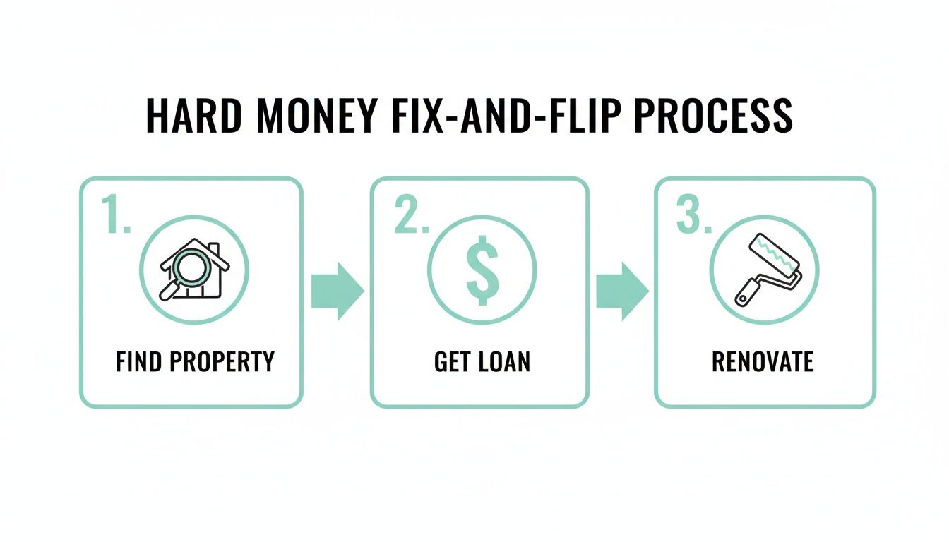 Infographic illustrating the three-step hard money fix-and-flip process: finding property, securing a loan, and renovation.