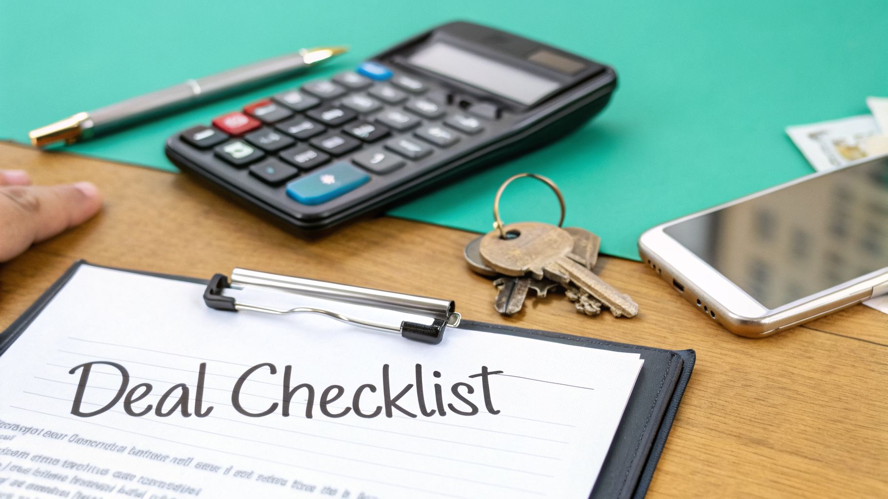 A desk with a 'Deal Checklist' document, calculator, keys, pen, and smartphone, suggesting financial planning.