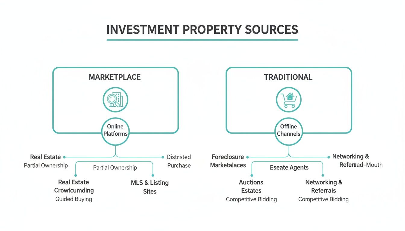 Diagram outlining investment property sources, categorized into online marketplace platforms and traditional offline channels.