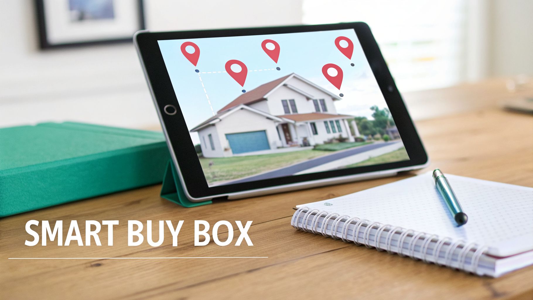 A tablet on a wooden desk displays a house with multiple red location pins, next to a notebook and pen.