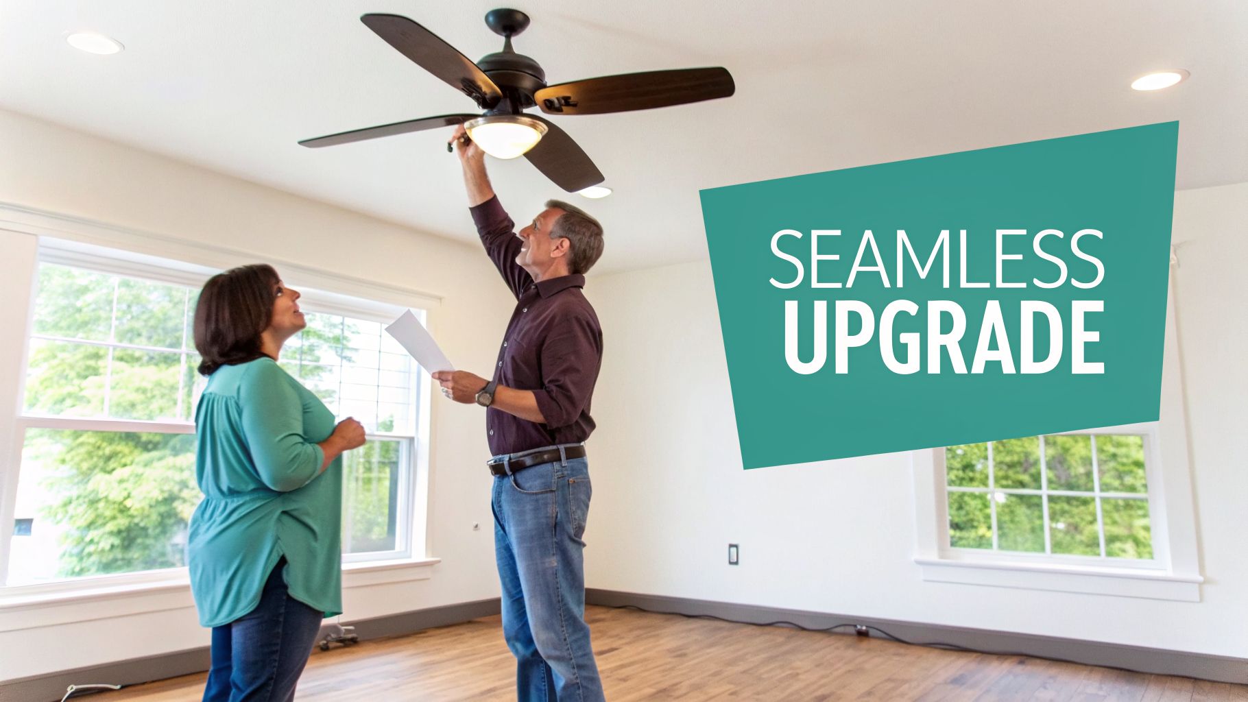 A man installs a new ceiling fan in a modern room, while a woman watches him.