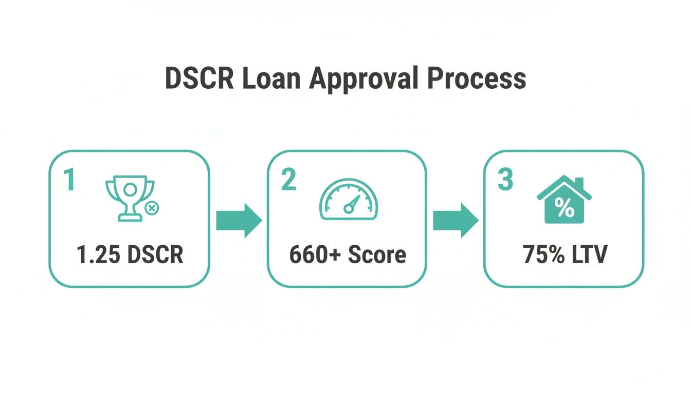 Infographic illustrating the DSCR loan approval process steps: 1.25 DSCR, 660+ credit score, and 75% LTV.