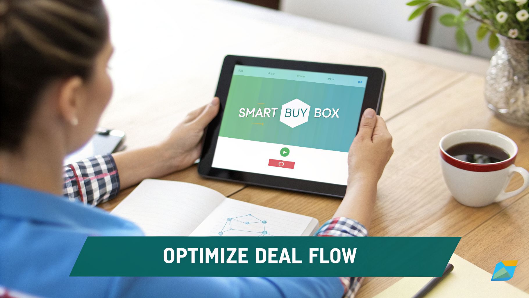 A person uses a tablet displaying 'SMART BUY BOX' while working on a wooden desk.
