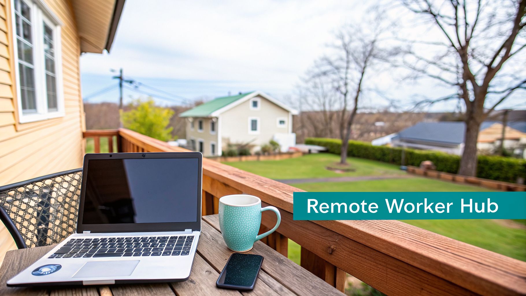 A laptop, coffee mug, and phone on a wooden deck railing, overlooking a house and yard, for remote work.