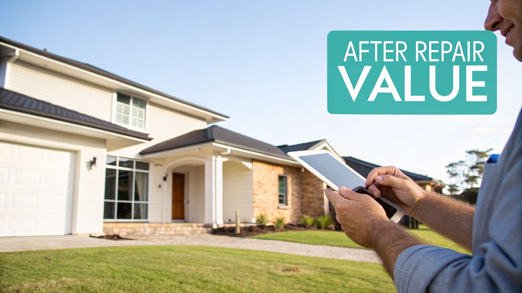 Man using a tablet to calculate the after repair value of a modern house.