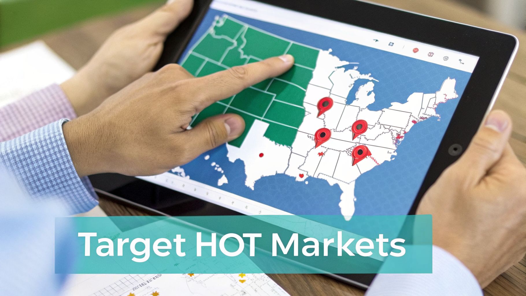 Hands holding a tablet displaying a US map with highlighted green states and red location pins, overlayed with 'Target HOT Markets' text.