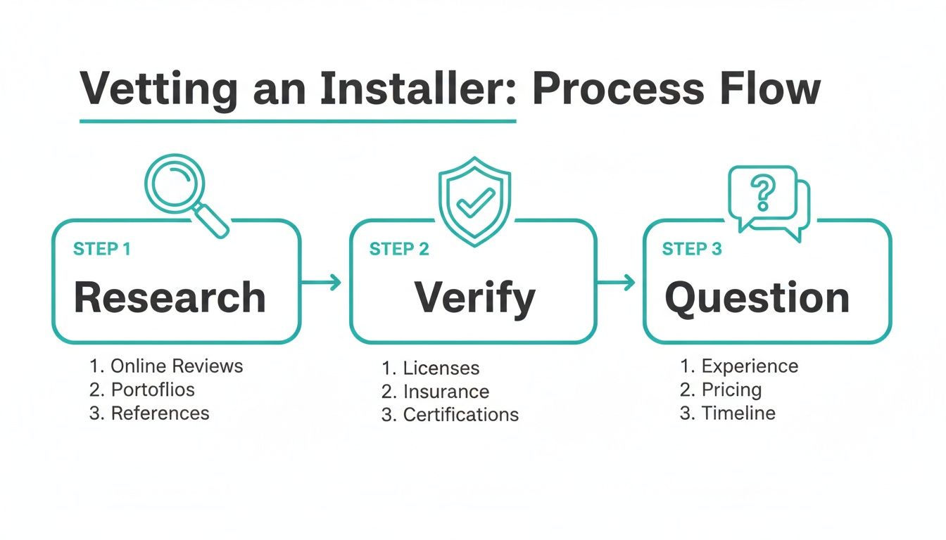 Infographic illustrating a three-step process for vetting an installer: research, verify, and question.
