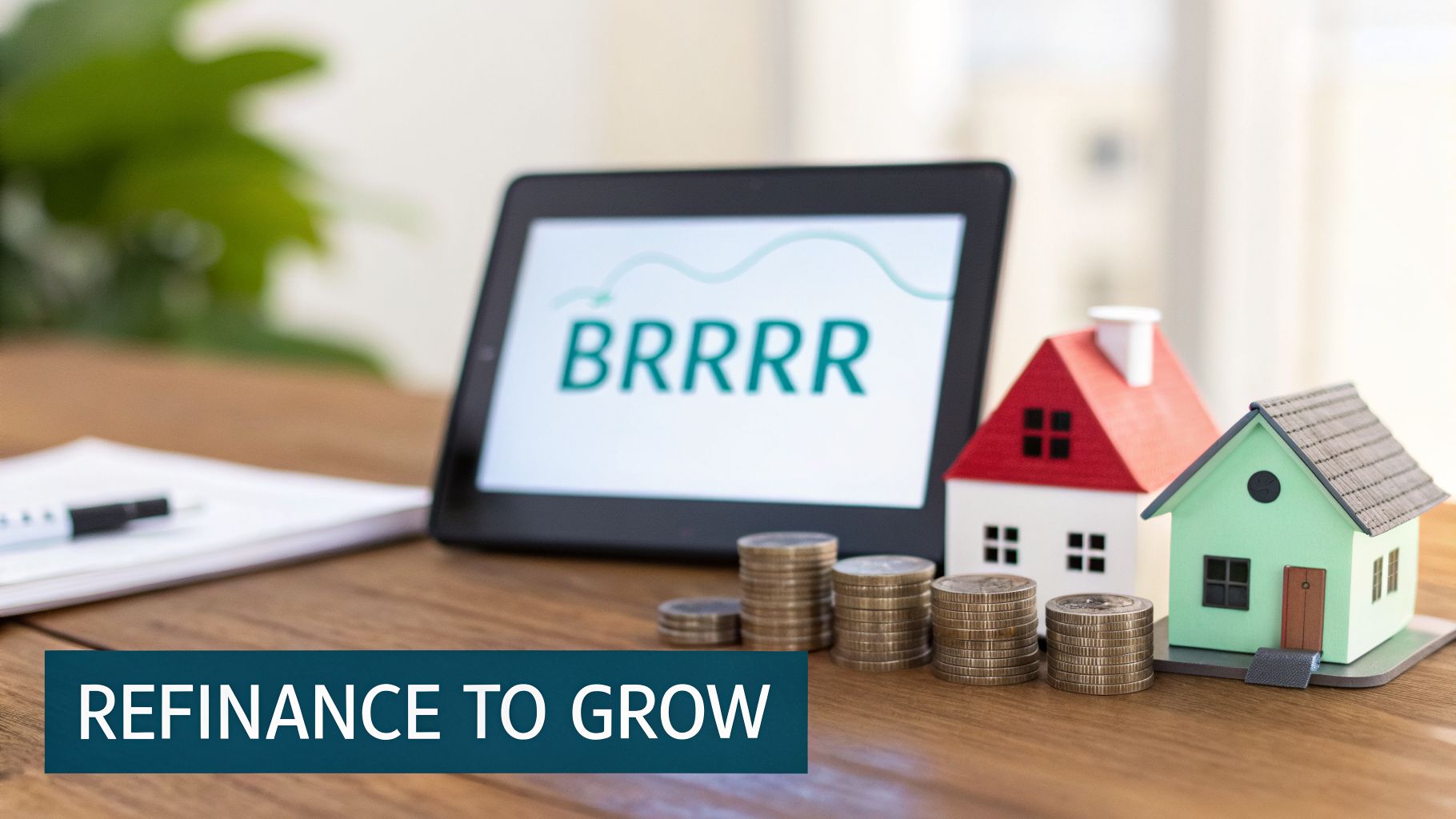 A tablet displays 'BRRRR' with a graph, alongside miniature houses, coin stacks, and 'REFINANCE TO GROW' text.