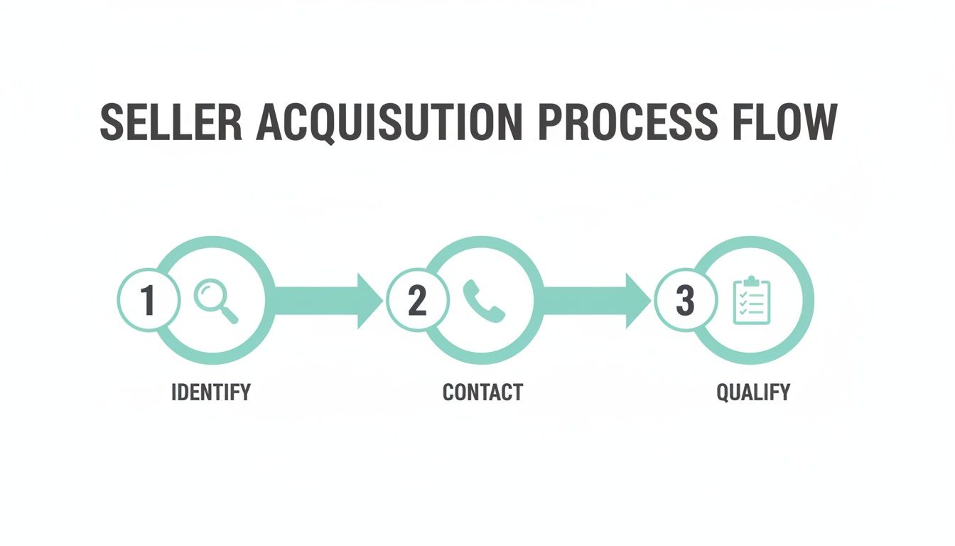 Infographic detailing a three-stage seller acquisition process: identify, contact, and qualify.