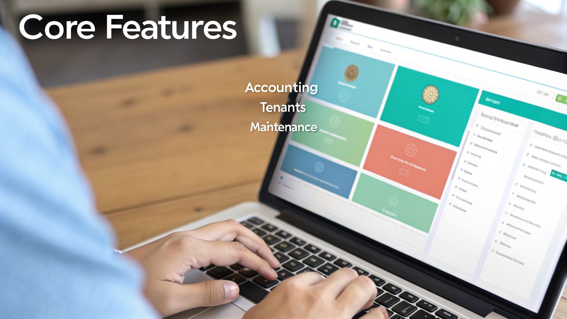 A person types on a laptop displaying a property management software dashboard with core features.