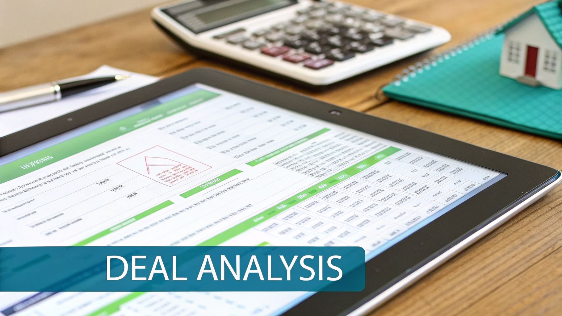 A tablet displays a real estate deal analysis interface, with a calculator, pen, and a model house on a wooden desk.