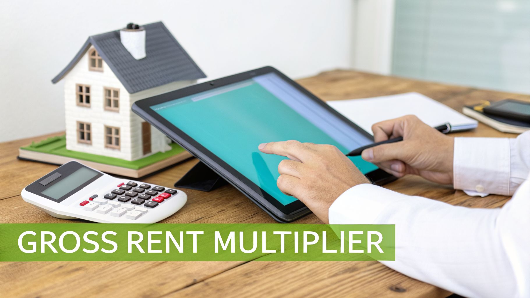 Person using a tablet and stylus, calculating with a model house and calculator for gross rent multiplier.