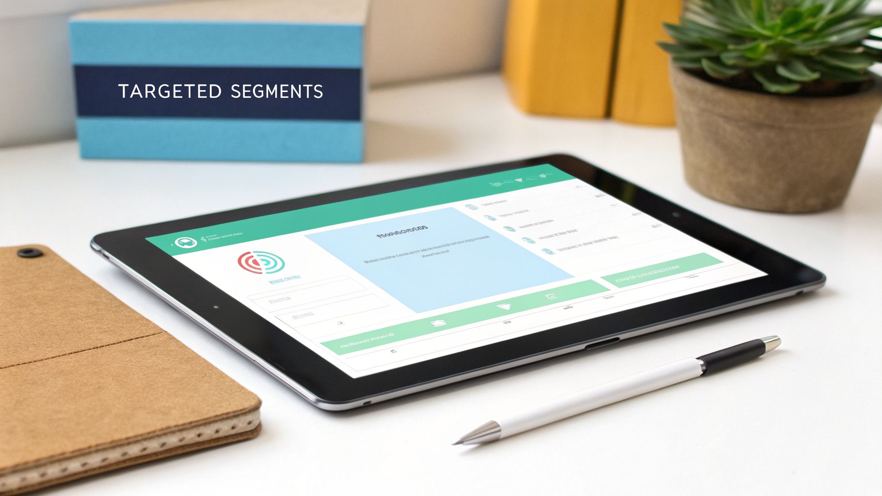 A tablet on a white desk displaying a 'Targeted Segments' interface, alongside a pen, notebook, and plant.