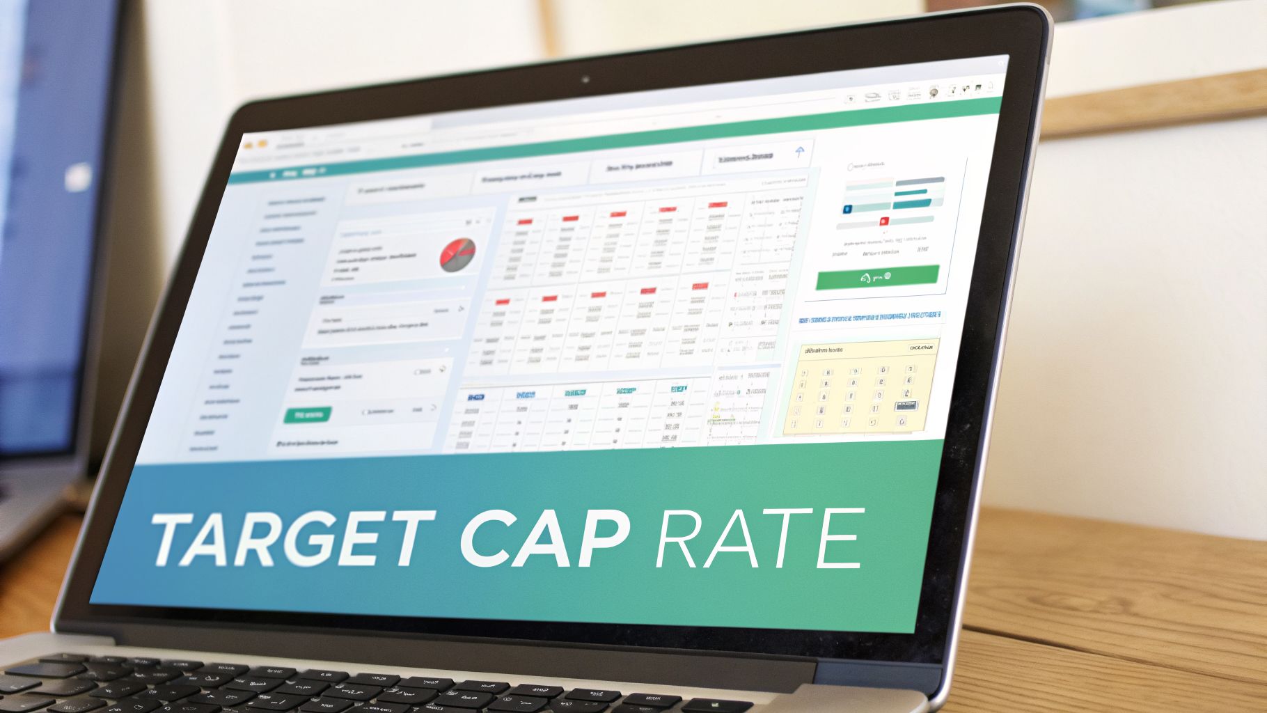 A laptop screen displaying a financial dashboard with charts and data, highlighting 'TARGET CAP RATE'.
