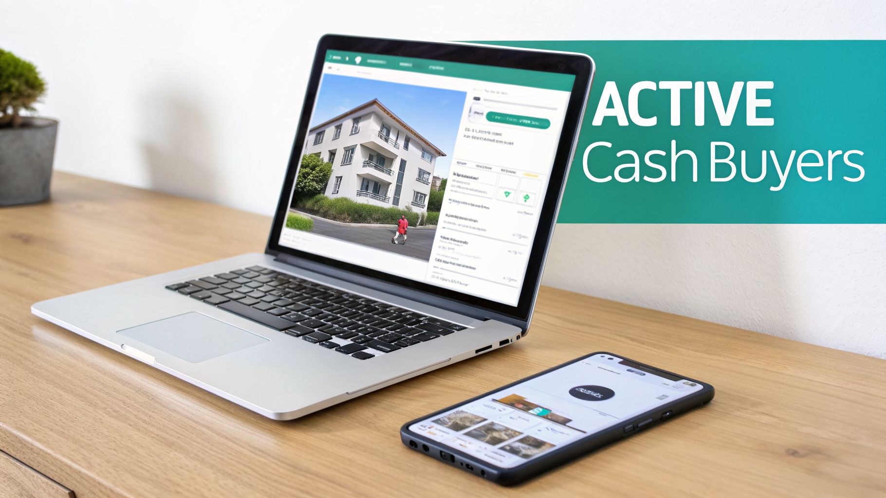 Laptop displaying a real estate listing and a smartphone, with an 'ACTIVE Cash Buyers' banner on a wooden desk.