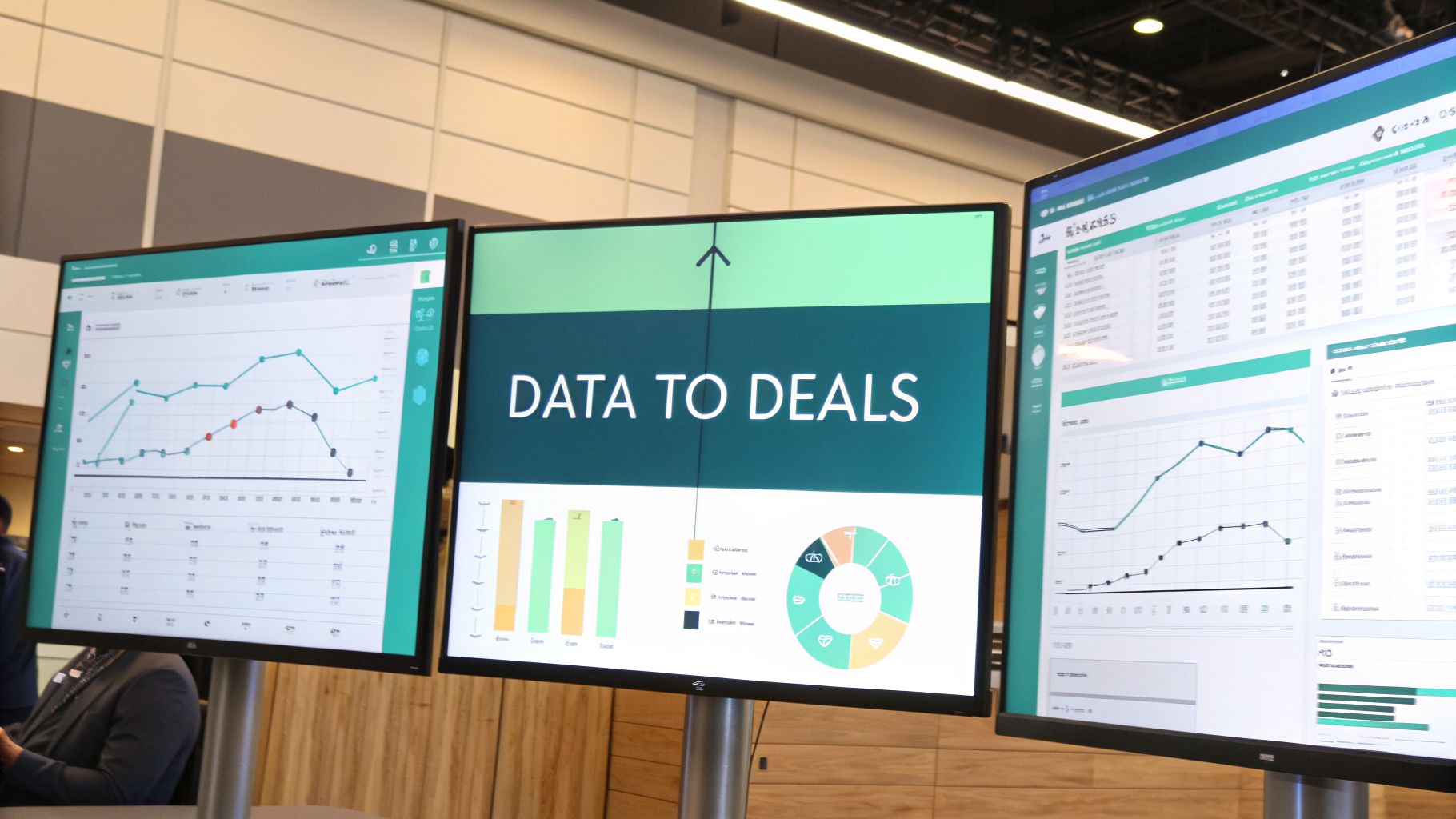 Three monitors displaying various business analytics dashboards, including graphs, tables, and text 'DATA TO DEALS'.