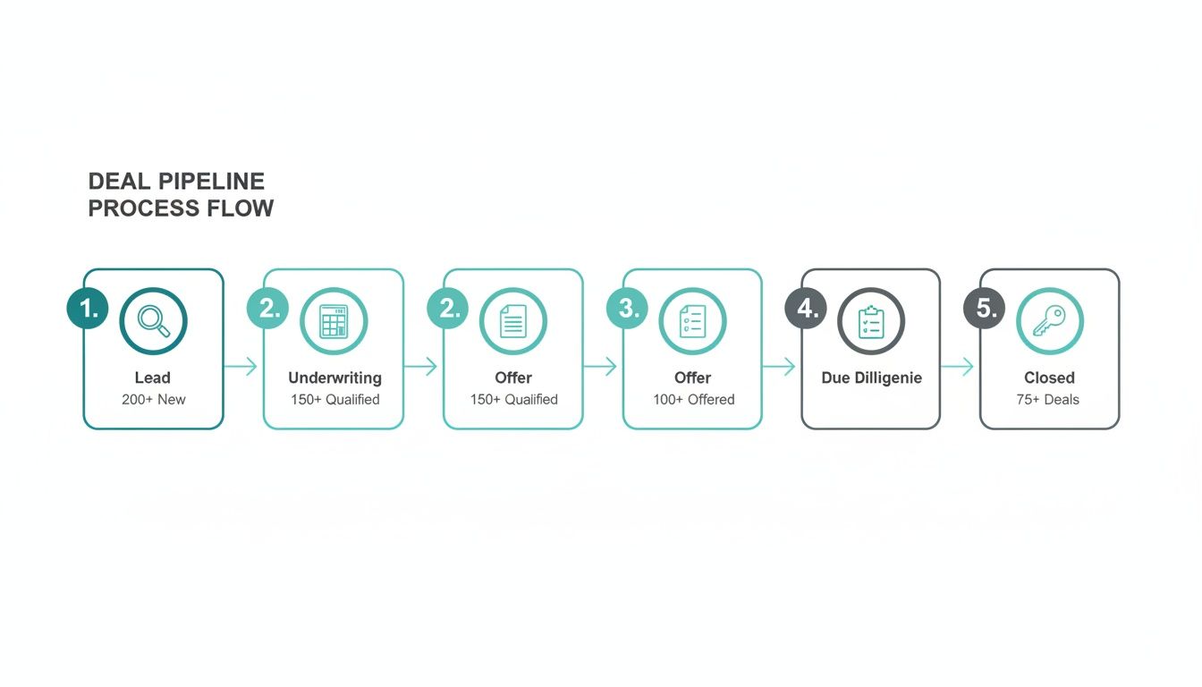 Five-step deal pipeline process flow from Lead (200+) to Underwriting (150+), Offer (100+), Due Diligence, and Closed (75+).