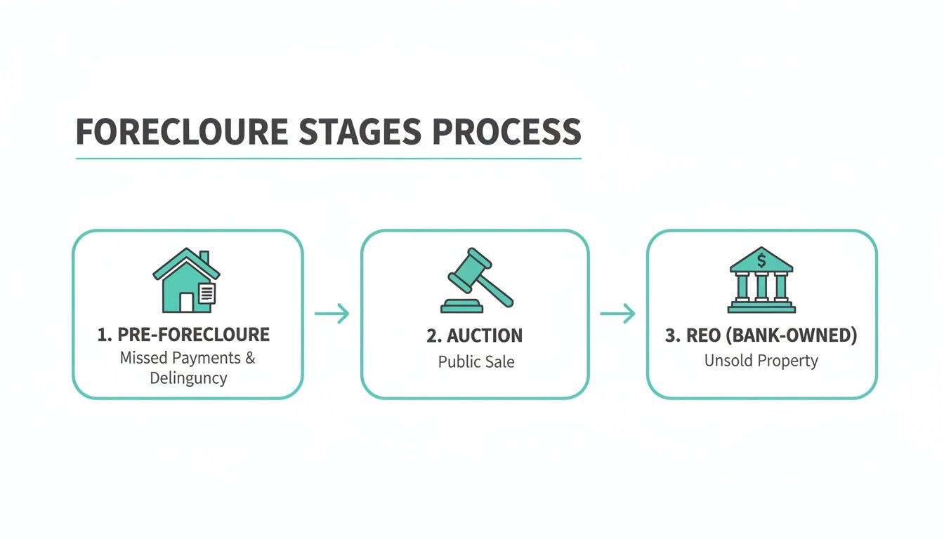 A diagram illustrates the three stages of the foreclosure process: pre-foreclosure, auction, and REO bank-owned property.