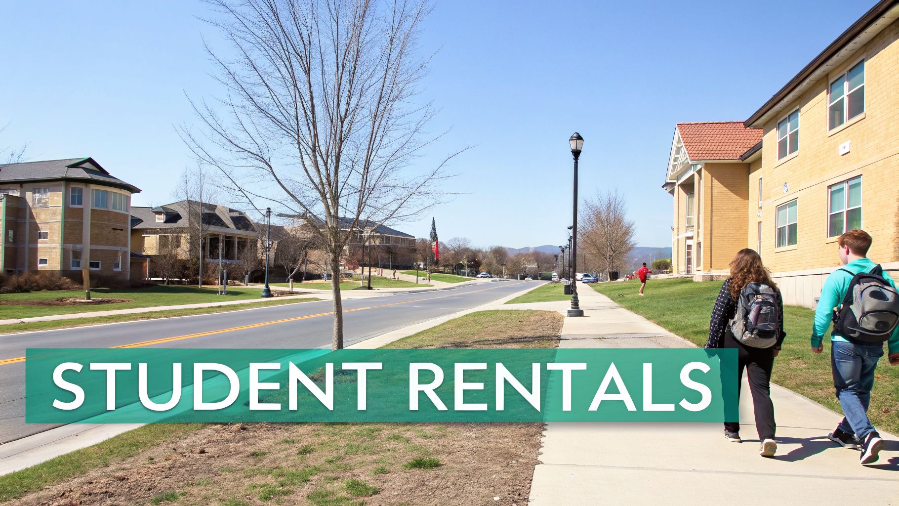 Two students with backpacks walk on a sidewalk past campus buildings with a 'STUDENT RENTALS' overlay.