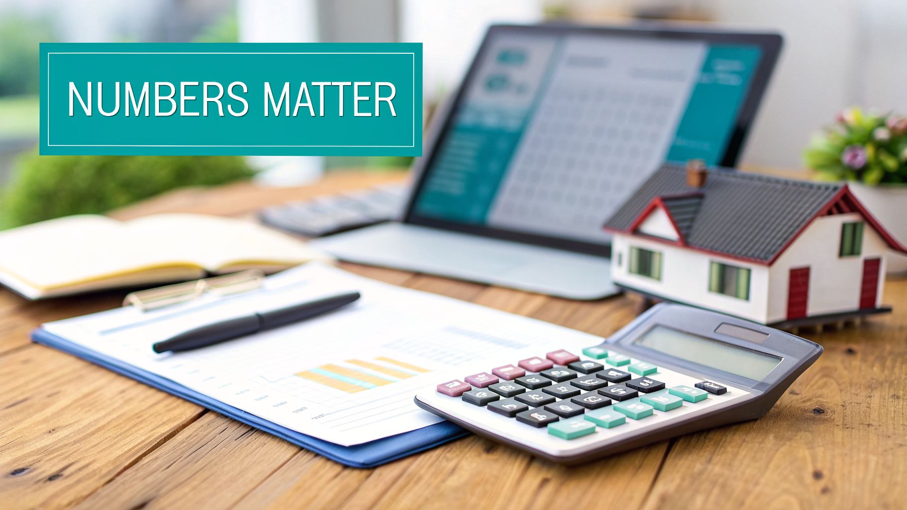 Desk with a laptop, calculator, miniature house, financial documents, and 'NUMBERS MATTER' text.