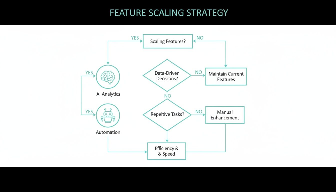 Flowchart detailing a feature scaling strategy involving AI analytics, automation, and decision-making processes.