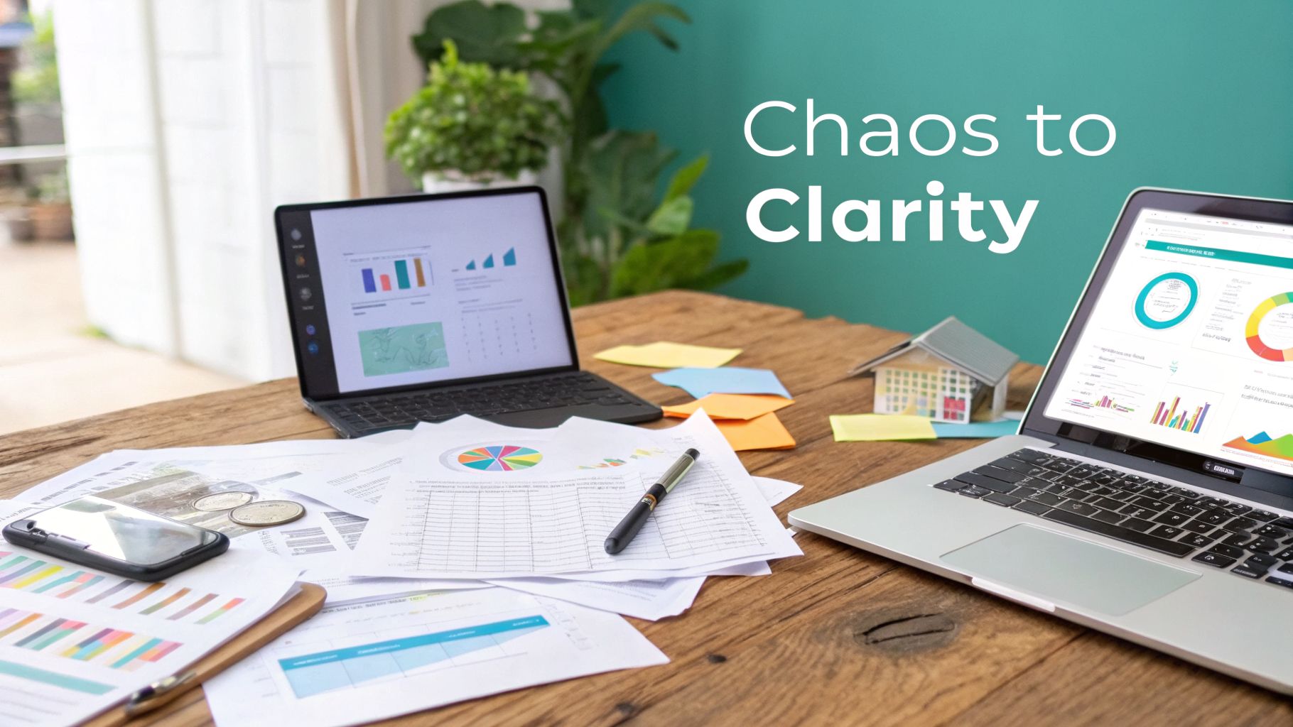 A cluttered desk with laptops, financial documents, a phone, and a small house model.