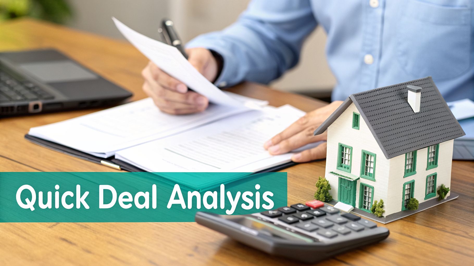 A person reviews documents and calculations on a desk with a model house and a laptop.