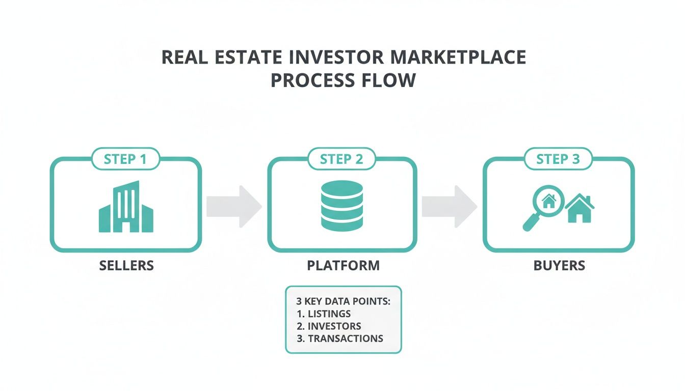 Real estate investor marketplace process flow diagram with sellers, platform, and buyers.