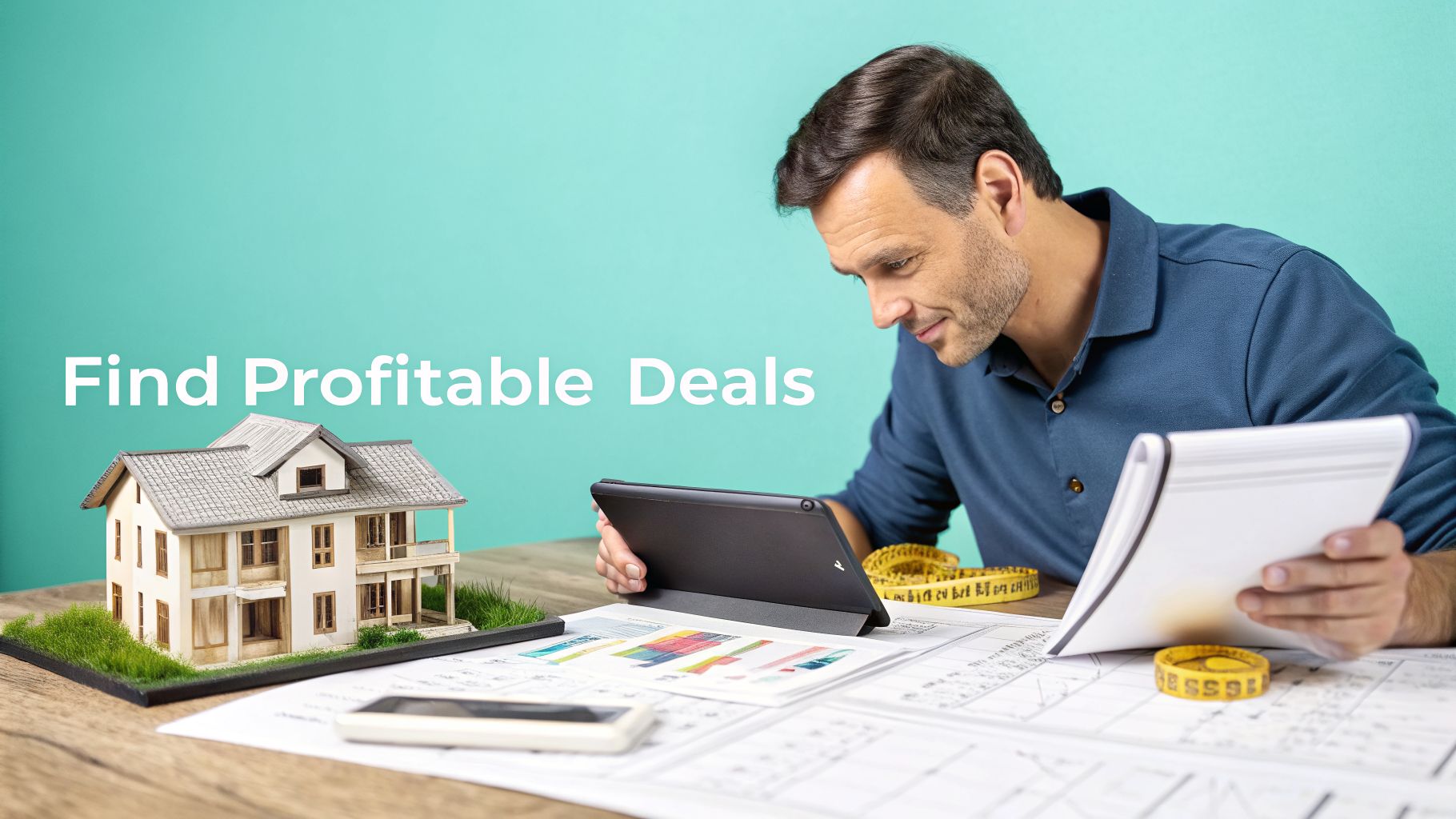 A man studies house plans and a tablet next to a model house, planning profitable real estate deals.