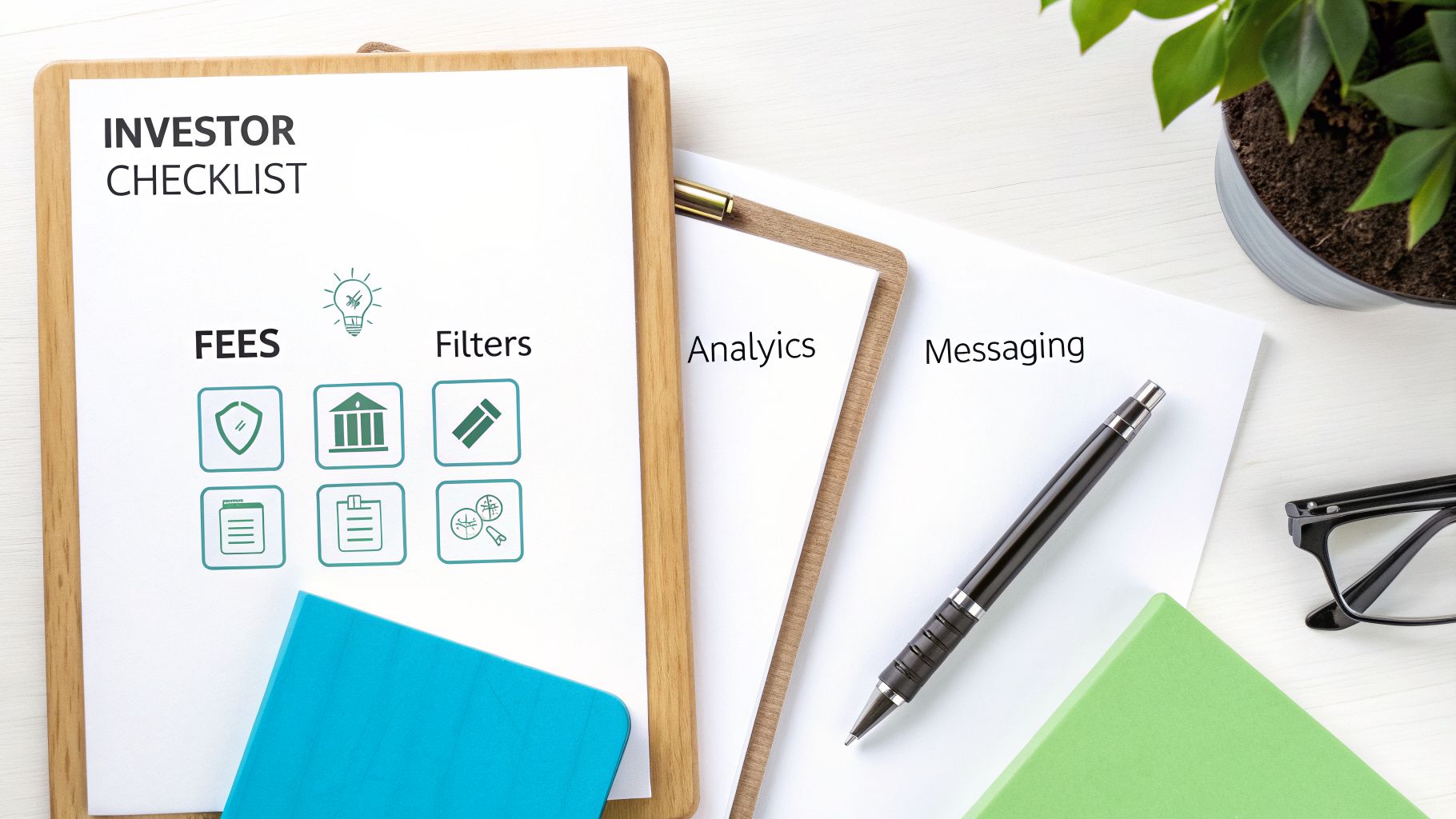 An investor checklist with sections for 'FEES', 'Filters', 'Analytics', and 'Messaging' on a wooden clipboard.