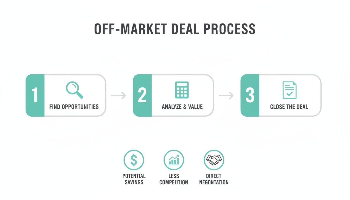 Off-market deal process steps including find, analyze, and close, with benefits like savings and less competition.