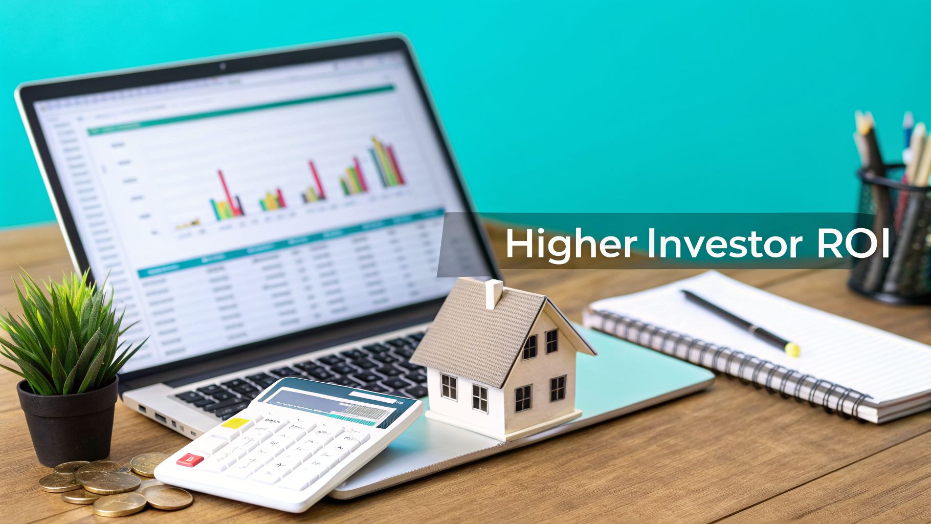 Laptop displaying financial charts next to a house model, calculator, coins, and notebook, indicating real estate investment.